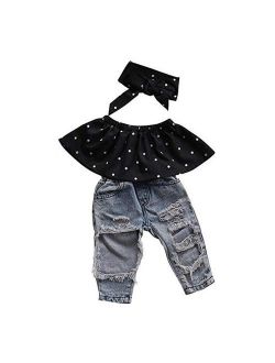 Baby Little Girls Summer Clothes Off Shoulder Polka Dot Top Destroyed Ripped Jeans Outfit Set