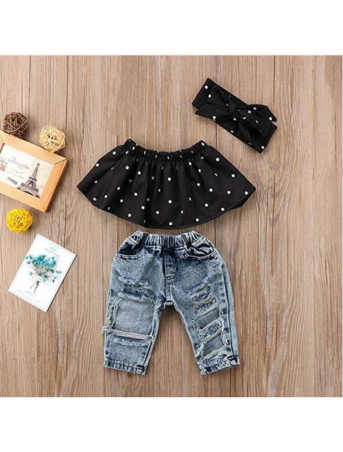 Baby Little Girls Summer Clothes Off Shoulder Polka Dot Top Destroyed Ripped Jeans Outfit Set