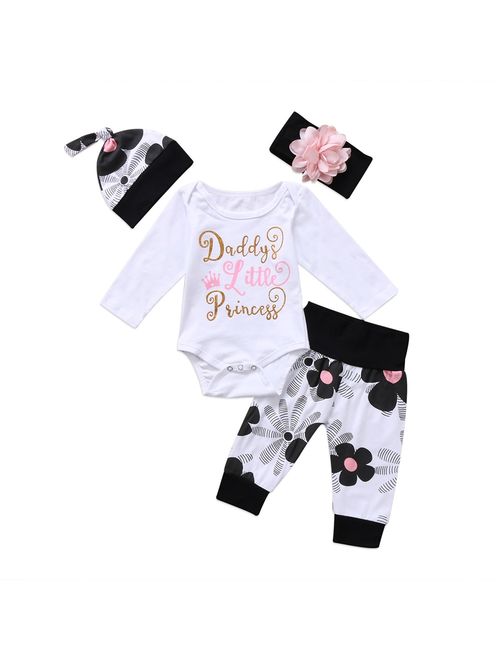 4pcs Newborn Toddler Baby Girl Floral Clothes Jumpsuit Romper Bodysuit Pants Headband Hat Outfit Set 0-6 Months
