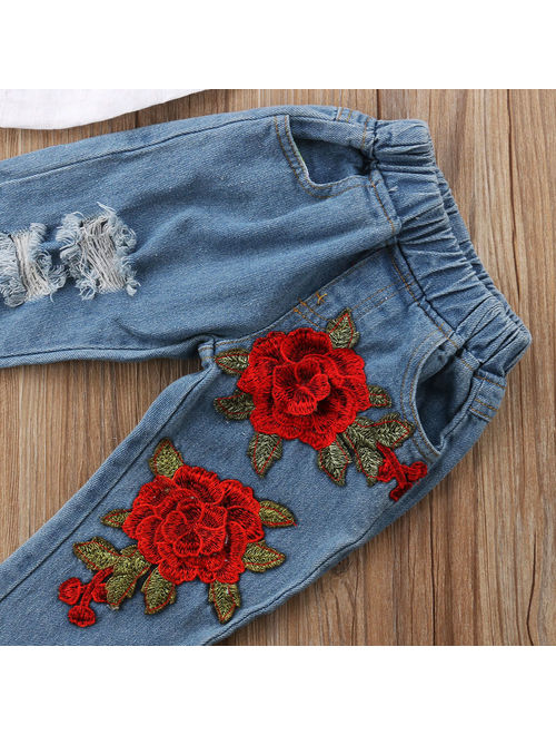 Boutique Toddler Kids Girls Lace Tops Flower Denim Pants Jeans Outfits Set Clothes