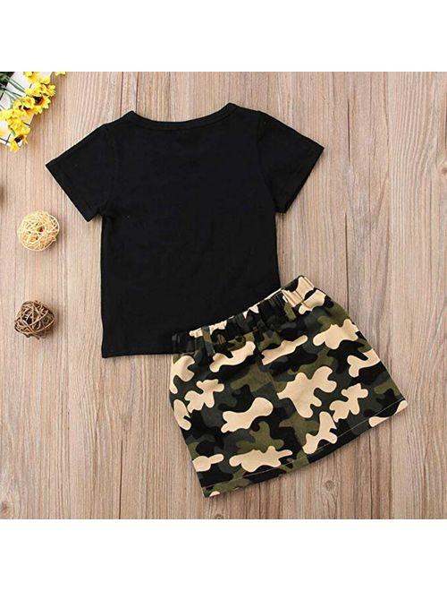 Baby Girl Cotton Letter Print Short Sleeve T Shirt and Camouflage Skirt Set Infant Baby Clothes