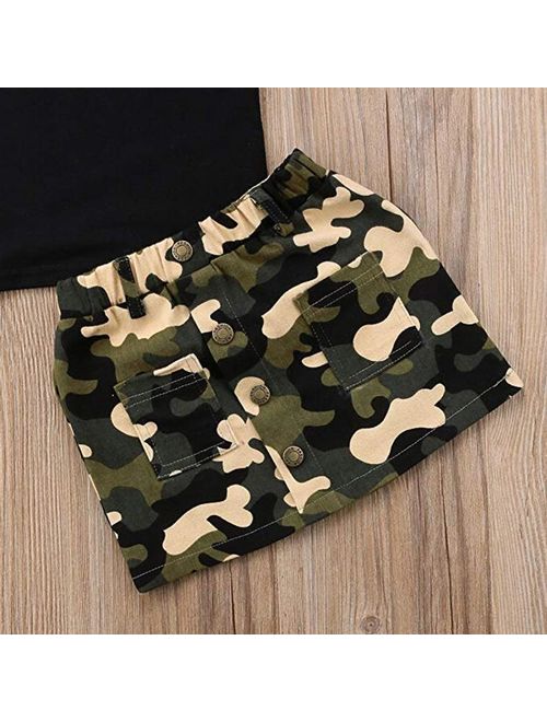 Baby Girl Cotton Letter Print Short Sleeve T Shirt and Camouflage Skirt Set Infant Baby Clothes