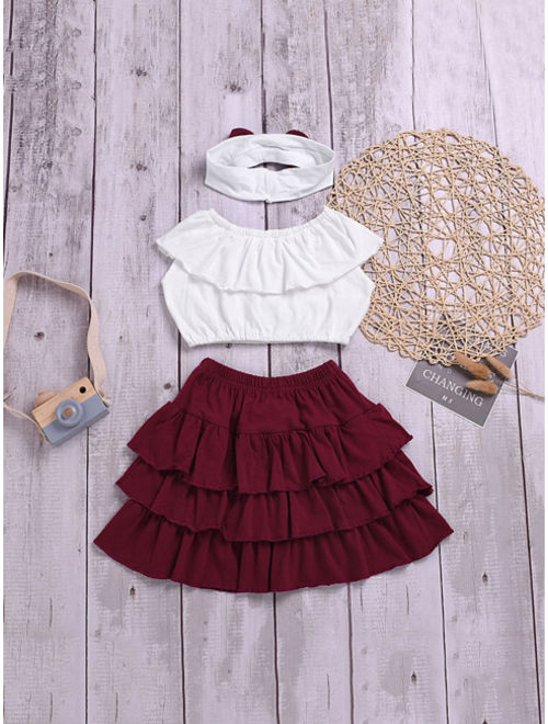 Shein Toddler Girl Ruffle Trim Top And Bow Tiered Hem Skirt With Headband