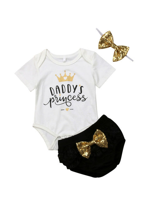 3PCS Newborn Baby Girl Outfits Clothes Daddys Princess Tops Romper+Tutu Shorts Pants+Sequin Headband Set