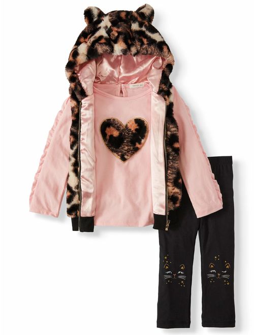 Forever Me Toddler Girl Cheetah Faux Fur Vest, Ruffle Sleeve Top & Leggings, 3pc Outfit Set