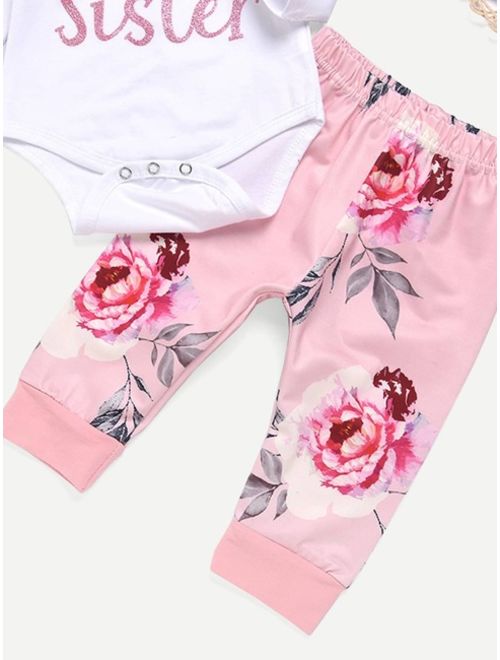 Toddler Girls Letter Graphic Jumpsuit & Floral Print Pants & Headband