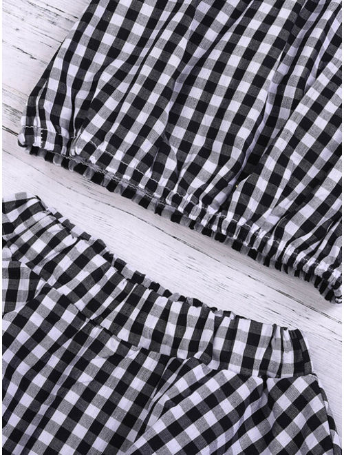 Shein Toddler Girls Tie Side Gingham Blouse With Skirt