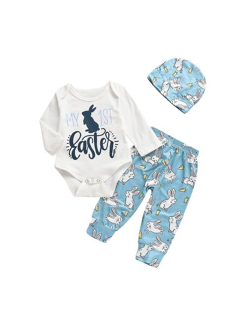 Canis Newborn Baby Boys Cute Bunny Easter Romper Bodysuit Pants Hat Outfit Clothes Set