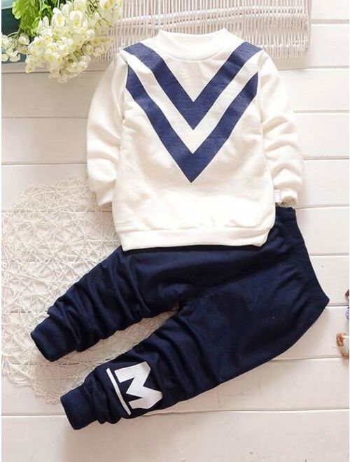 Shein Toddler Boys Chevron & Letter Graphic Sweatshirt With Pants