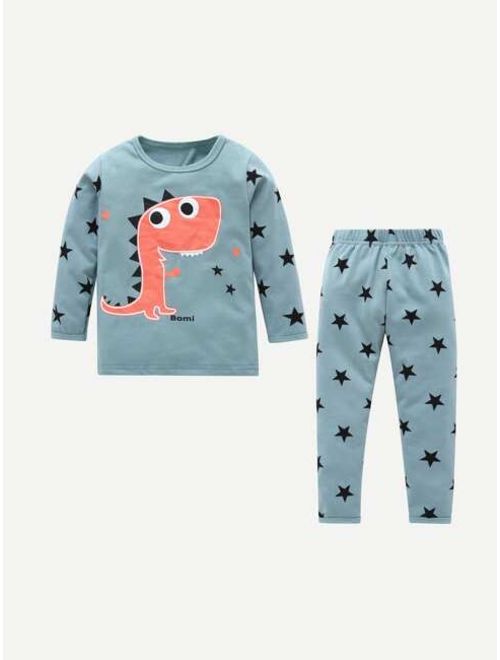 Shein Toddler Boys Dinosaur & Star Print Tee With Pants