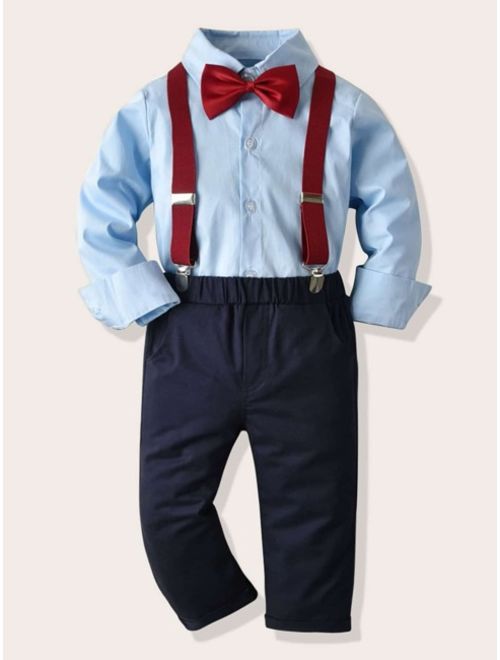 Shein Toddler Boys Bow Neck Shirt & Suspender Pants