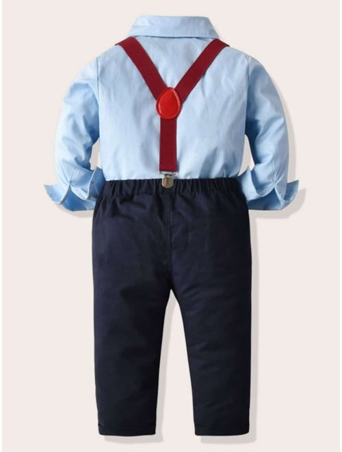 Shein Toddler Boys Bow Neck Shirt & Suspender Pants