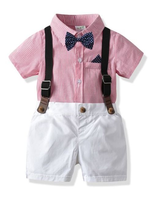 Shein Toddler Boys Bow Neck Striped Shirt With Shorts