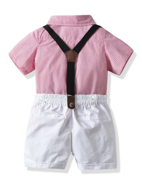 Shein Toddler Boys Bow Neck Striped Shirt With Shorts