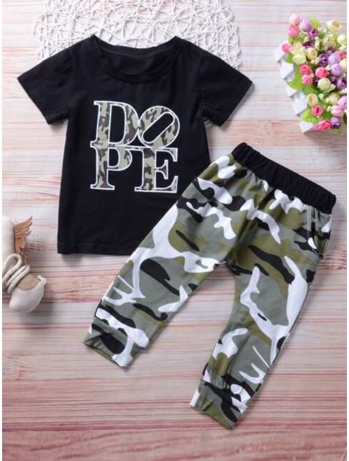 Shein Toddler Boys Letter Graphic Tee With Camo Pants