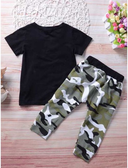 Shein Toddler Boys Letter Graphic Tee With Camo Pants