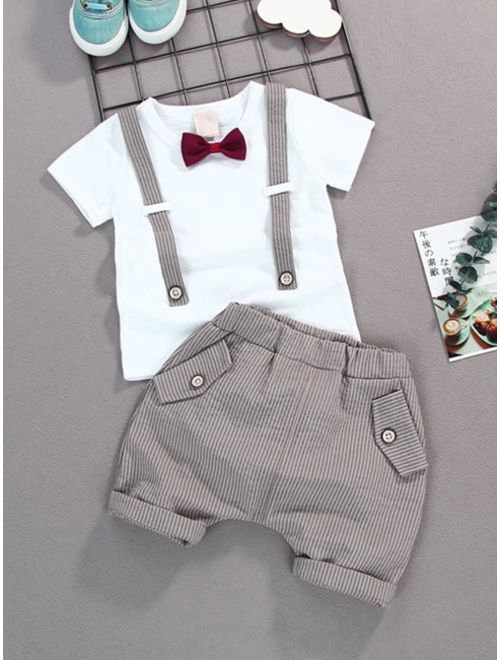 Shein Toddler Boys Bow Front Tee & Stripe Shorts