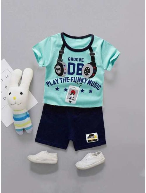 Shein Toddler Boys Letter And Headset Print Tee With Shorts
