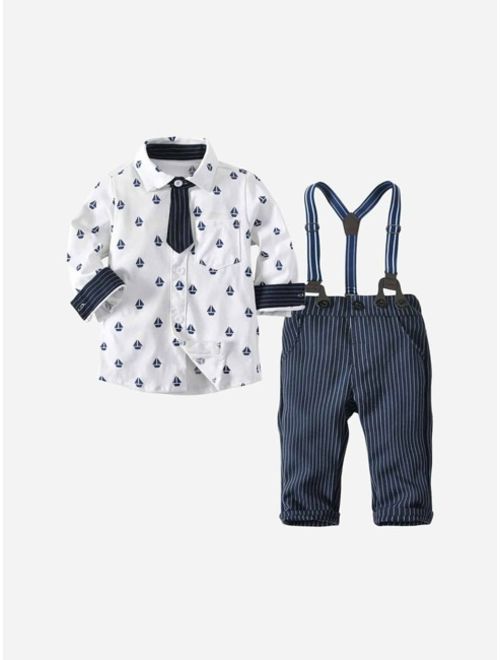 Shein Toddler Boys All Over Printed Shirt With Striped Overalls
