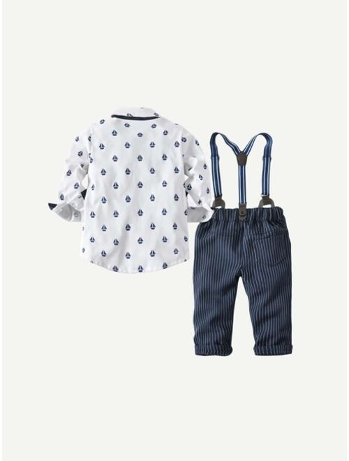 Shein Toddler Boys All Over Printed Shirt With Striped Overalls