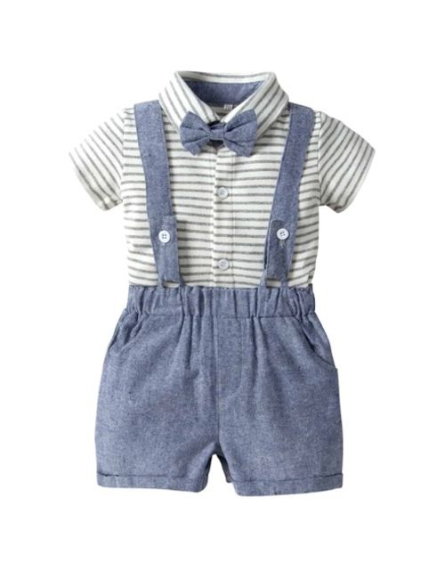 Shein Toddler Boys Bow Striped Romper With Straps Shorts