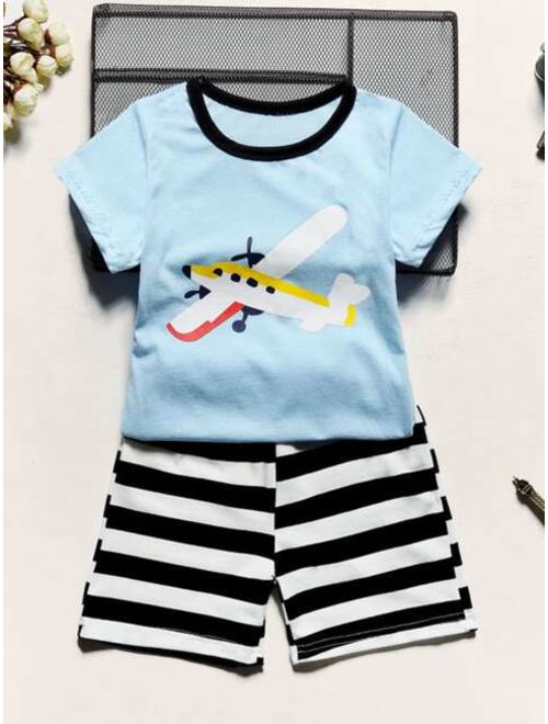Shein Toddler Boys Plane Print Tee With Striped Bermuda Shorts