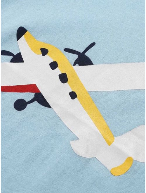 Shein Toddler Boys Plane Print Tee With Striped Bermuda Shorts