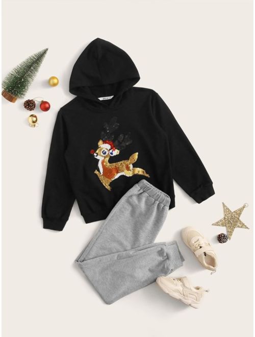Shein Boys Christmas New Year Sequin Cartoon Graphic Hoodie & Sweatpants Set