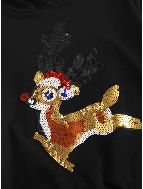 Shein Boys Christmas New Year Sequin Cartoon Graphic Hoodie & Sweatpants Set