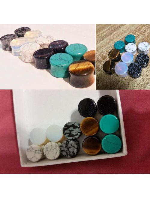 Qmcandy 6 Pairs Mixed Stone Ear Plugs Tunnels Saddle Expander Body Piercing Set Gauge 8G to 3/4 in