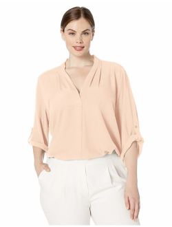 Women's Roll Sleeve Blouse with Inverted Pleat Front