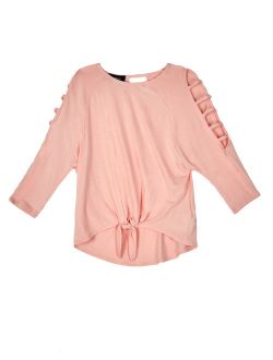 Tie Front Lattice Sleeve Top with Necklace (Big Girls)