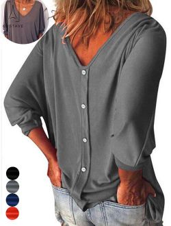 GustaveDesign Womens Plus Size V Neck Loose Blouse 3/4 Sleeve Back Buttons T Shirts Casual Solid Tops For Summer Fall "Gray, XL"