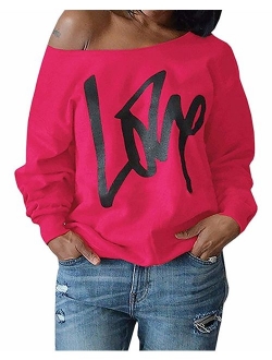 Yanekop Womens Love Letter Printed Off Shoulder Pullover Sweatshirt Slouchy Tops Shirts