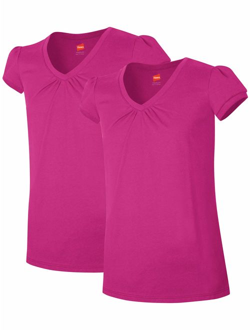 Hanes Short Sleeve Shirred V-Neck T-Shirts Value Pack, 2-Pack (Little Girls & Big Girls)