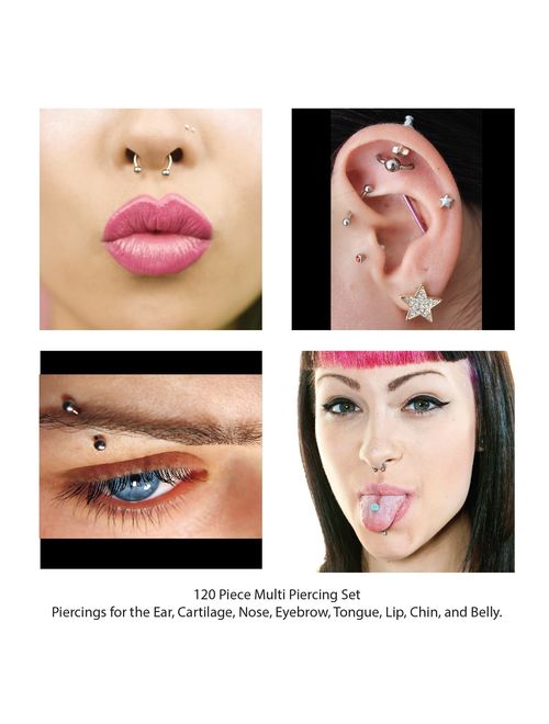 BodyJ4You 120 PCS Body Piercing Lot Belly Ring Tongue Eyebrow Tragus Barbells 14G 16G Random Mix