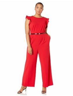 Women's Plus Size Sleeveless Belted Jumpsuit with Ruffle Armhole