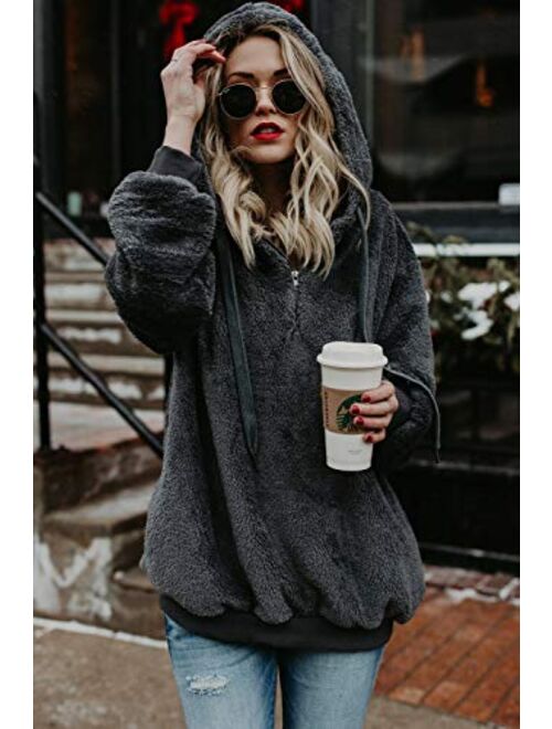 Acelitt Women's Fuzzy Casual Loose Oversized Sweatshirt Hooded with Pockets (11 Color,S-XXL)