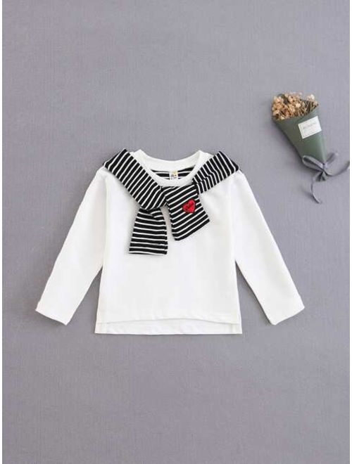 Shein Toddler Girls Contrast Striped Embroidery Detail Tee