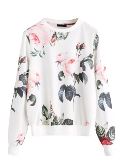 Women's Casual Floral Print Long Sleeve Pullover Tops Lightweight Sweatshirt