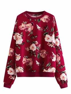 Women's Casual Floral Print Long Sleeve Pullover Tops Lightweight Sweatshirt
