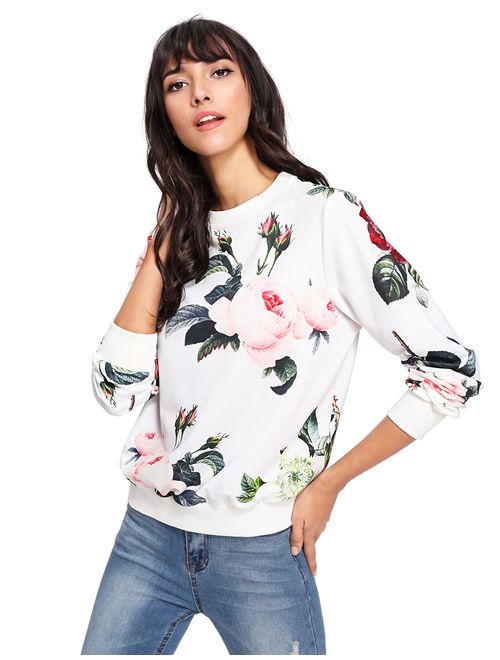 ROMWE Women's Casual Floral Print Long Sleeve Pullover Tops Lightweight Sweatshirt