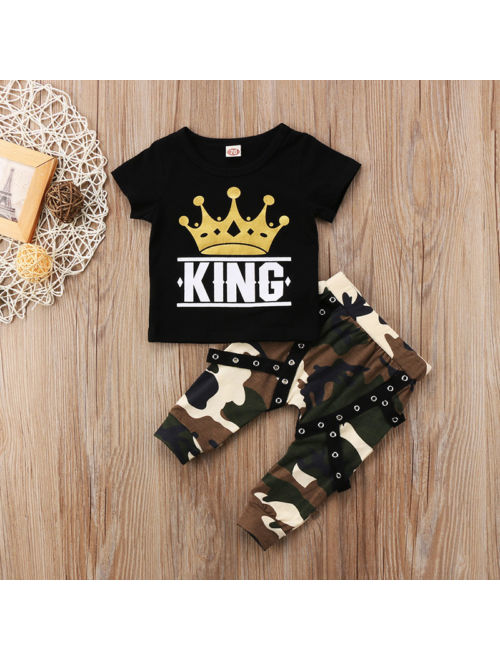 Toddler Baby Kid Boys Short Sleeve Crown King T-shirt Top With Camo Pant Outfits