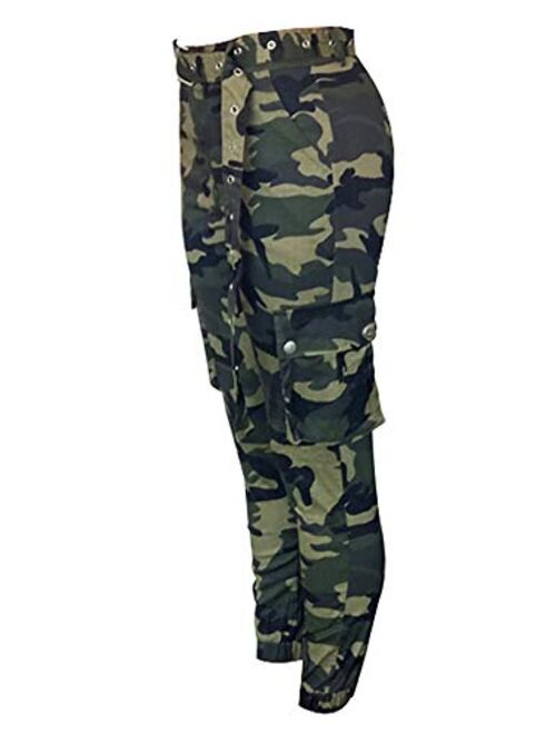Voghtic Women's High Waisted Slim Fit Camoflage Camo Jogger Pants with Belt