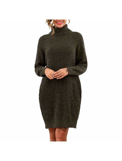 Exlura Women's Loose Turtleneck Long Sleeve Knit Pullover Sweater Dress with Pockets