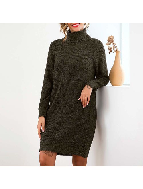 Exlura Women's Loose Turtleneck Long Sleeve Knit Pullover Sweater Dress with Pockets