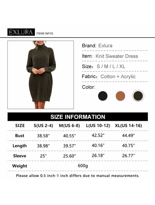 Exlura Women's Loose Turtleneck Long Sleeve Knit Pullover Sweater Dress with Pockets