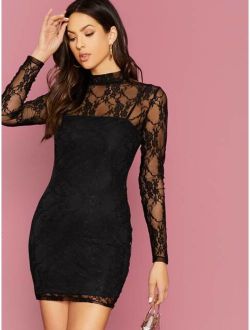 Mock-neck Form Fitted Lace Dress Without Camisole