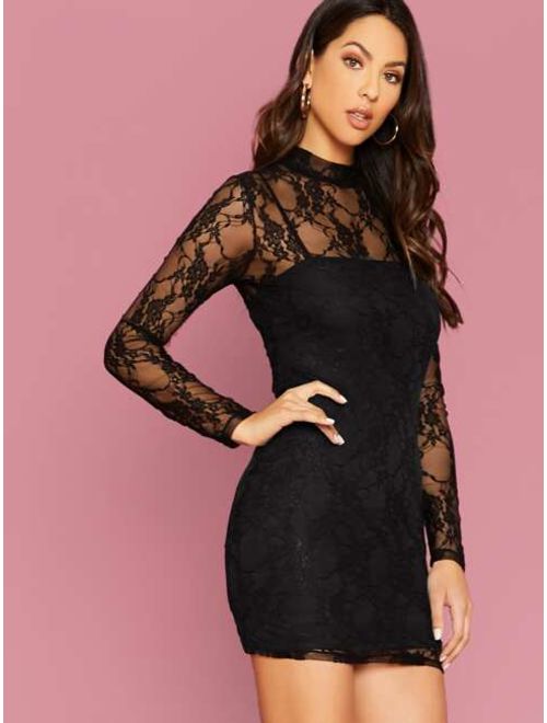 Shein Mock-neck Form Fitted Lace Dress Without Camisole