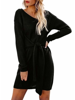 Happy Sailed Sweater Dress Women V Neck Tie Front Long Sleeves Mini Bodycon Knit Dresses